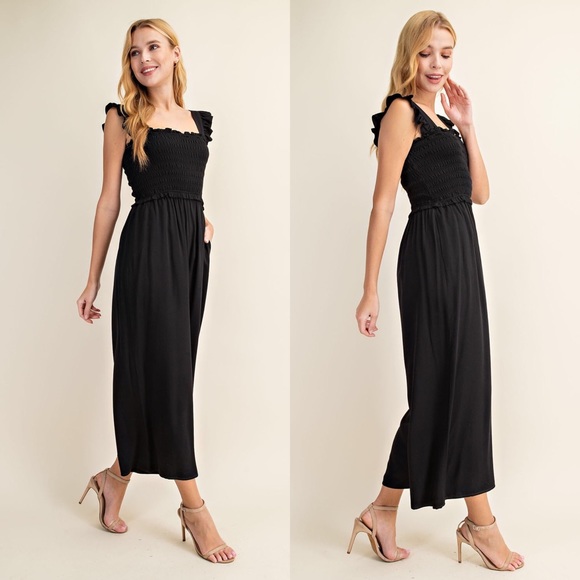 Black Sleeveless Smocked Ruffle Jumpsuit - Picture 3 of 4